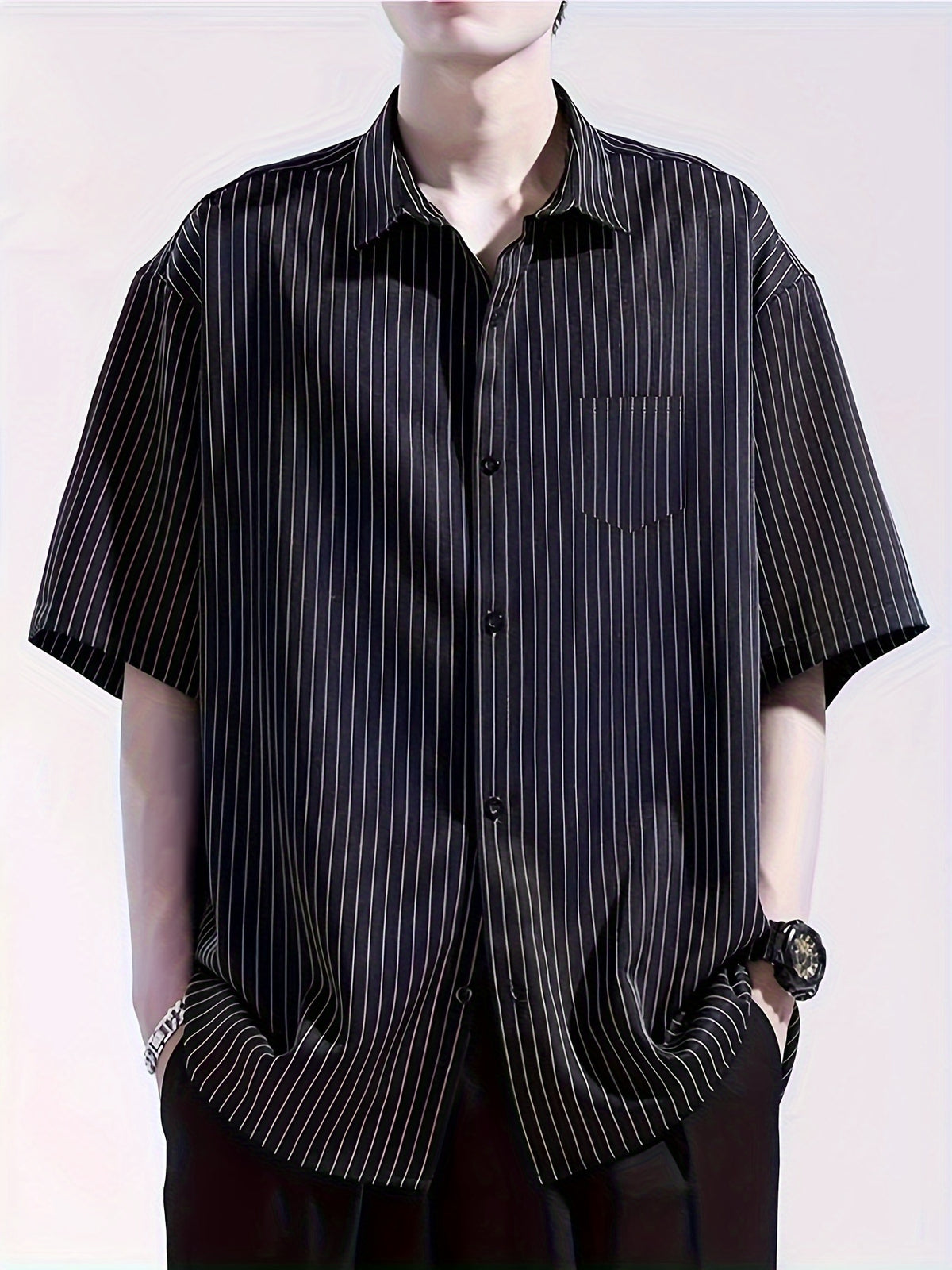 Men's Summer Striped Short-Sleeve Shirt, Loose Fit, Thin Spring/Autumn Casual Premium Shirt, Read-to-Wear Wrinkle-Free 2024 Short Top - Black