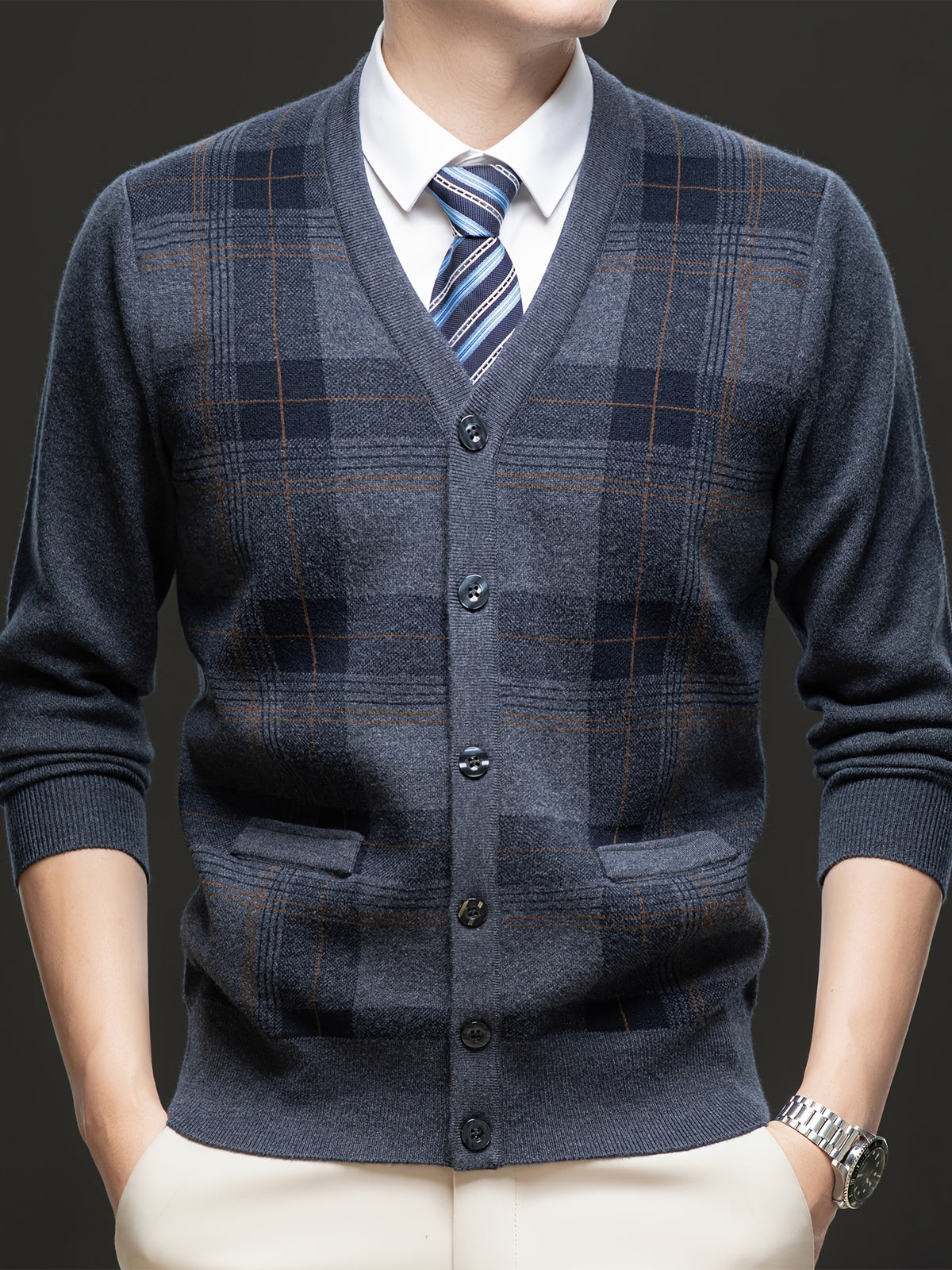 Men's Autumn and Winter Knitted Cardigan Sweater, Classic Striped Design Thickened with Pockets, Gift for Men, Suitable for Casual, Business, and Sports Knitted Outerwear Top - Medium Gray