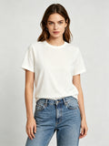 Women's Elegant Round Neck Short-Sleeve T-Shirt - Solid Color Blouse Suitable for Spring Summer Fall, Medium Stretch Opaque Short Sleeve Top, Machine Washable Casual & Dressy Basic Blouse for Layering, Regular Fit Wardrobe Essential - White
