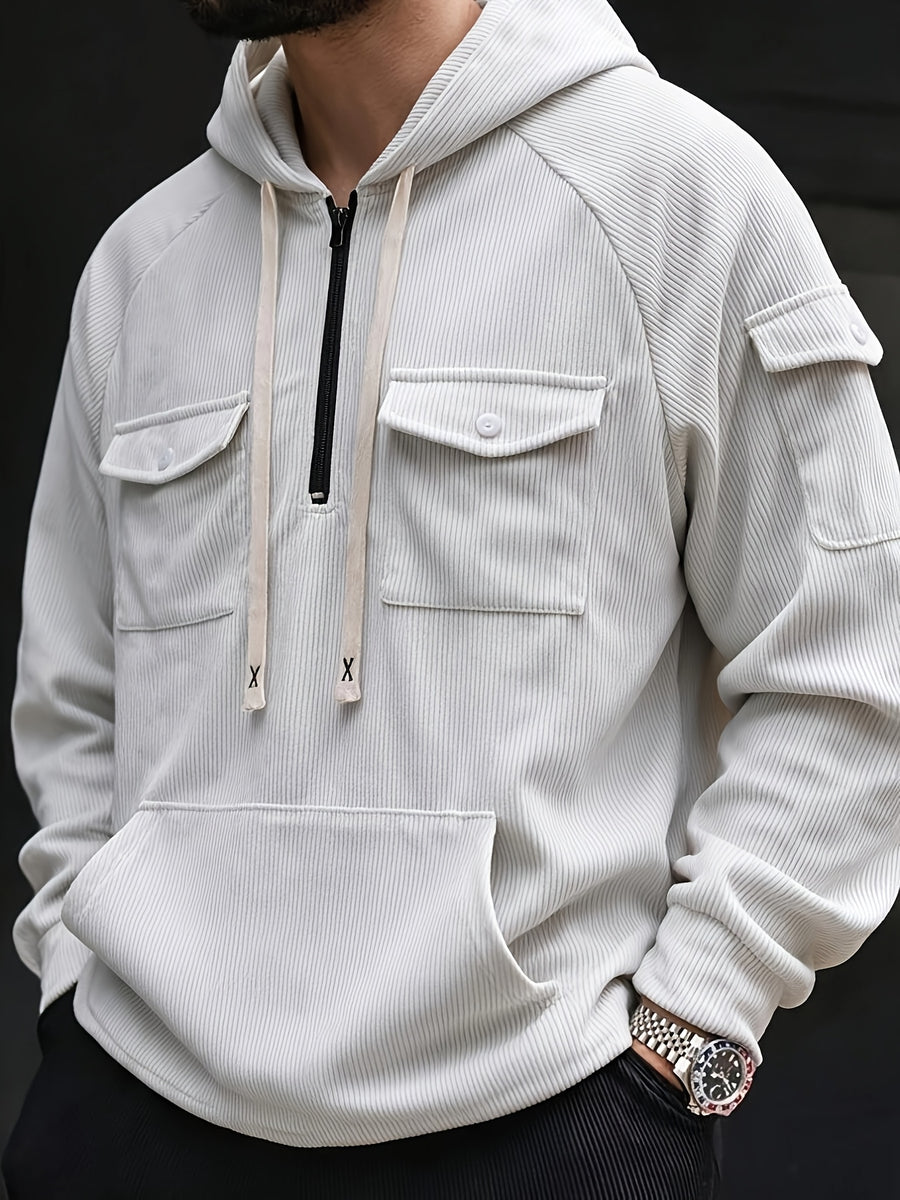 Christmas ! 1pc Men'S Corduroy Hooded Sweatshirt, Multi-Pocket Design, Retro Casual Style, Loose Fit, Ideal for Autumn/Winter Daily Outdoor Activities - White