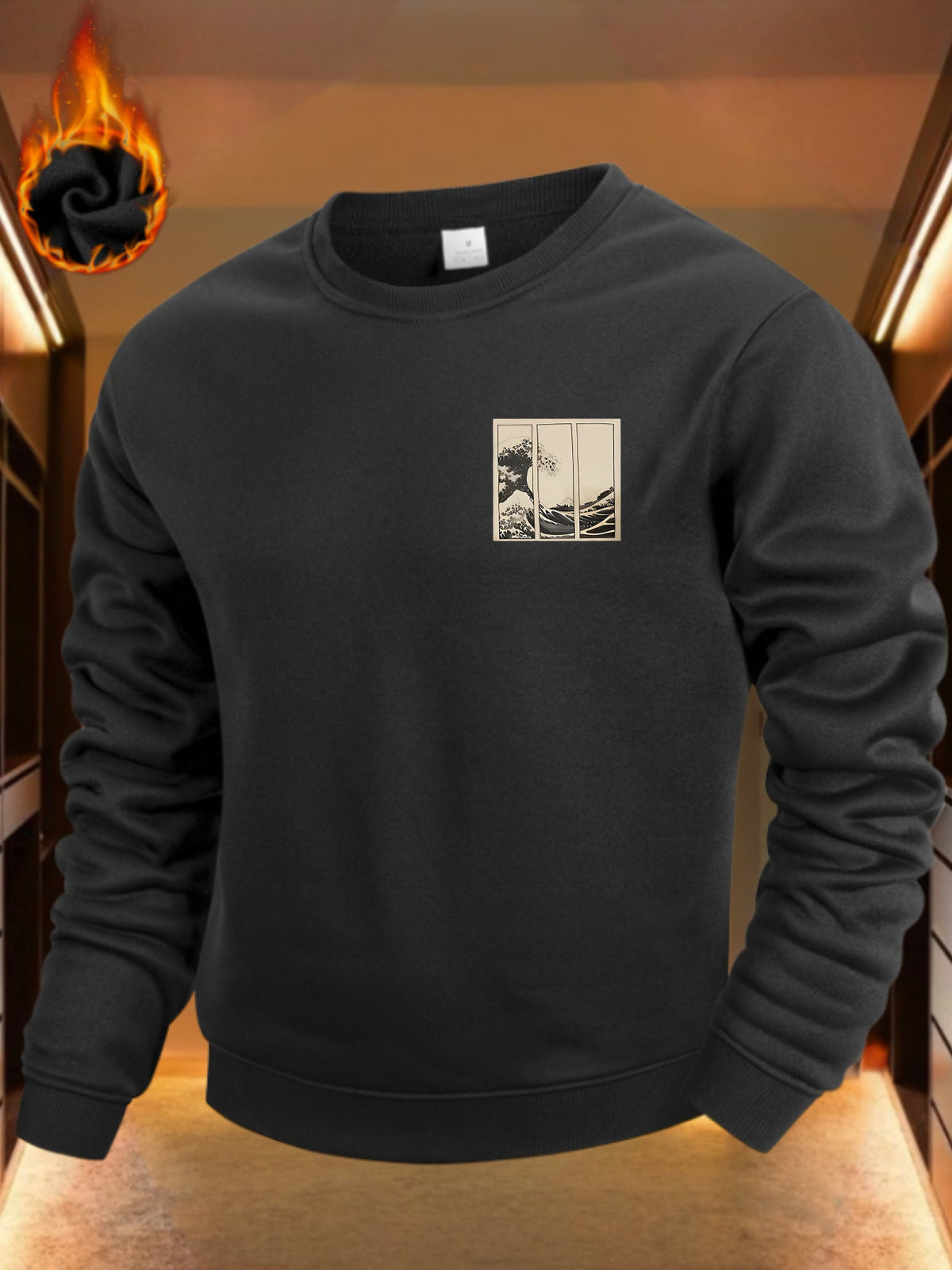 Vintage Japanese Art Style, Men'S Crewneck Sweatshirt, Classic Wave Triptych Print, Soft Fleece Lined Fabric, Casual Daily Wear Or Office Commute, Birthday Gift for Him Or Boyfriend - Black