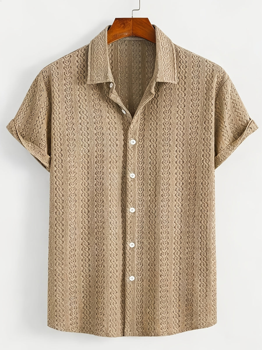 New Men's Solid Color Stretch Knit Openwork Plaid Jacquard Lapel Button- Casual Lightweight Shirt, Suitable for Daily Wear, Street Fashion, Summer, Autumn Menswear - Khaki