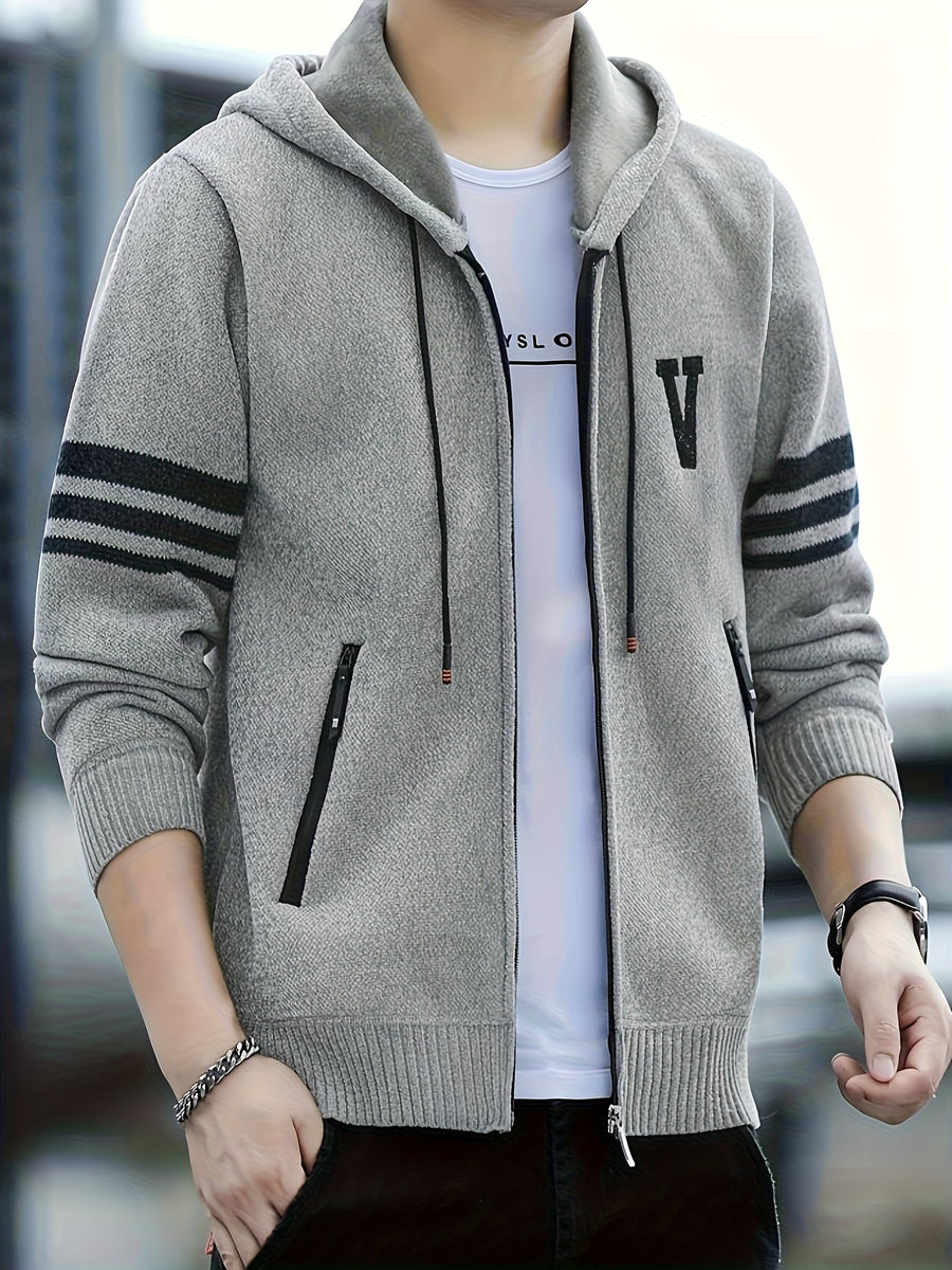 Men'S Striped Fleece Hooded Cardigan, Casual Slightly Stretch Breathable Zip Up Thermal Jacket for Fall Winter Outdoor, Knit - Apricot