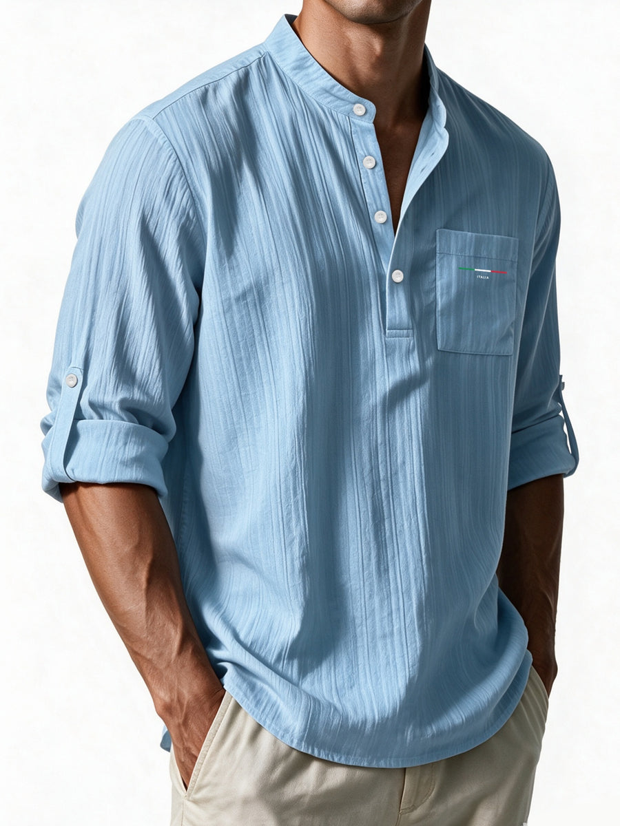 Men's New Fashionable Long-sleeve Stand-up Collar Shirt with Three-color Stripe Print, Made of Breathable and Comfortable Button-up Fabric - Light Blue