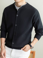 2026 Spring/Autumn New Men's Textured Round Neck Knit Cardigan, Middle-Aged Business Casual Single-Breasted Sweater Jacket, Versatile Style for Daily Commute / Weekend Outings - Black