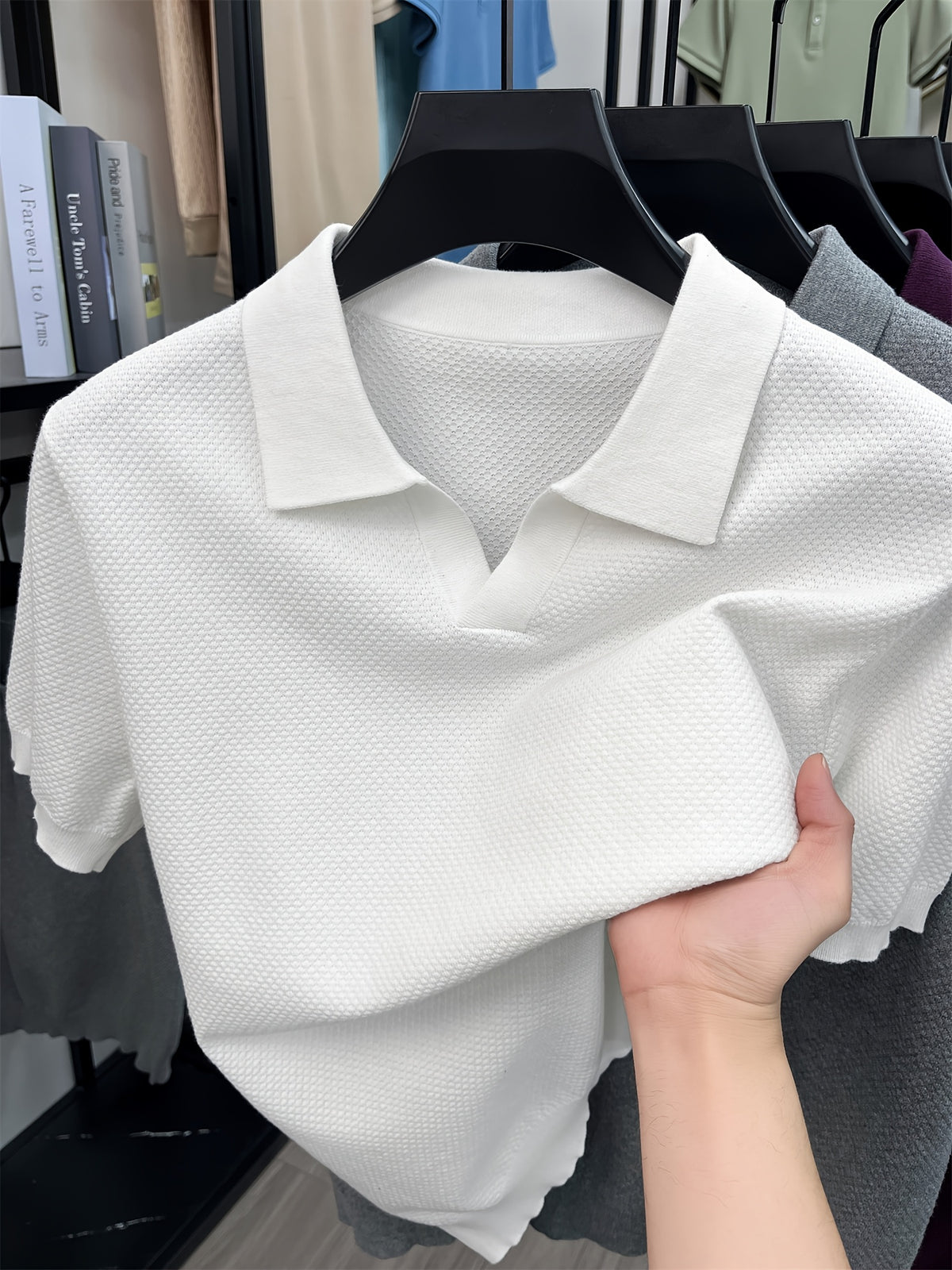 [Qiaoximei OBM] Summer Men'S Premium Casual Henley Shirt | Knit Style Men'S Top, Full Pineapple Jacquard Decoration, Summer Men'S Henley Collar Short Sleeve Base Layer, Lapel Men'S Top, Easy And Fresh for Single Wear - White