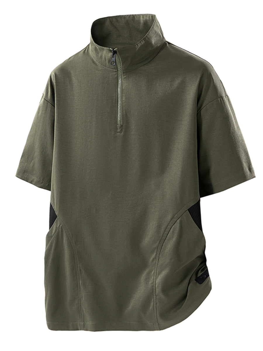 Summer New Versatile Stand-Up Collar Men'S T-Shirt Loose Thin Short Sleeve Half-Zipper Breathable Top - Olive Green