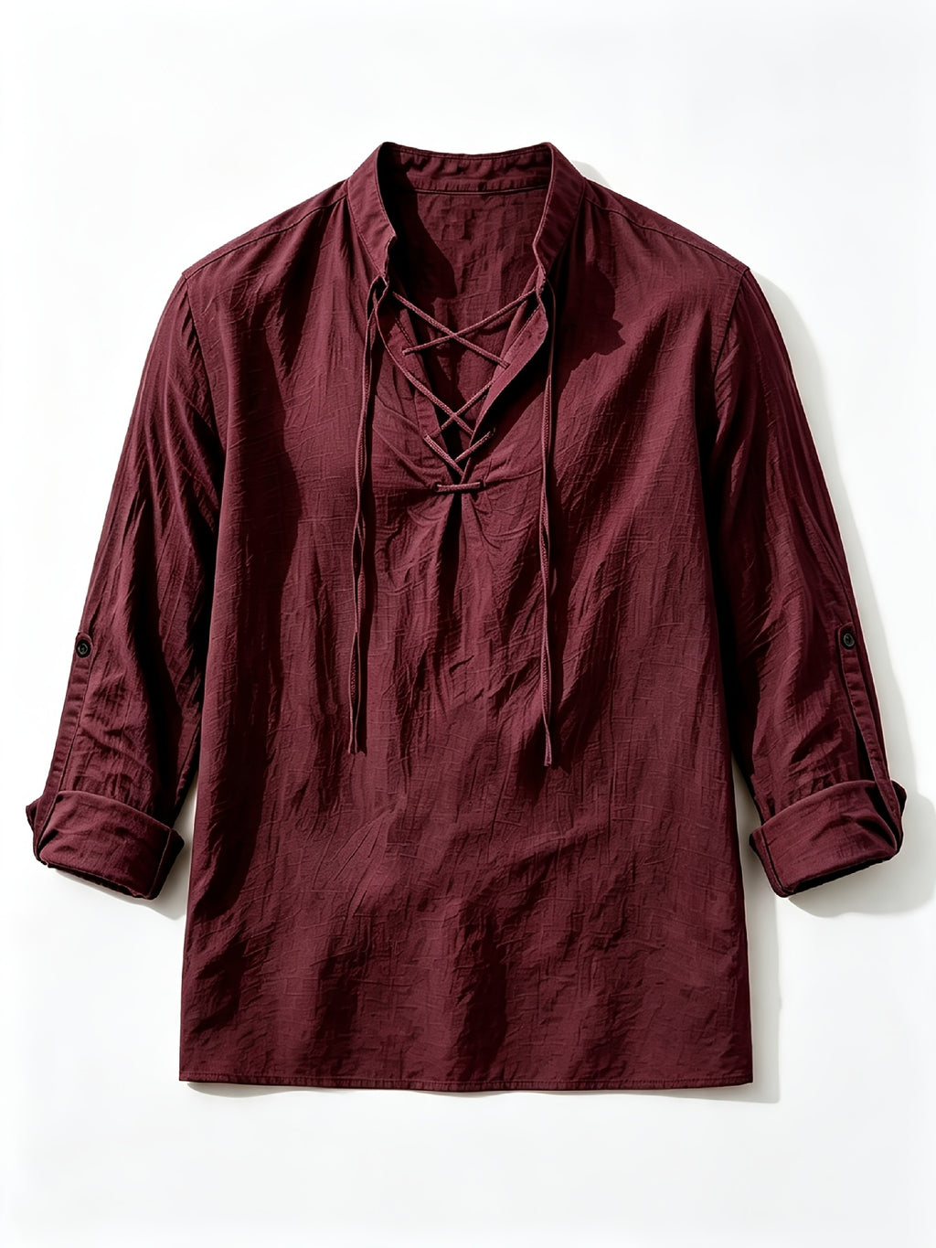 [Know And Give OBM] Men'S Solid Color Stand-Collar Linen Long Sleeve Shirt, Semi-Open Front Design, Roll-Up Sleeve Style | Casual Commute, Short Vacation, Leisure Gatherings | Men'S Versatile Top - Burgundy