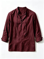 [Know And Give OBM] Men'S Solid Color Stand-Collar Linen Long Sleeve Shirt, Semi-Open Front Design, Roll-Up Sleeve Style | Casual Commute, Short Vacation, Leisure Gatherings | Men'S Versatile Top - Burgundy