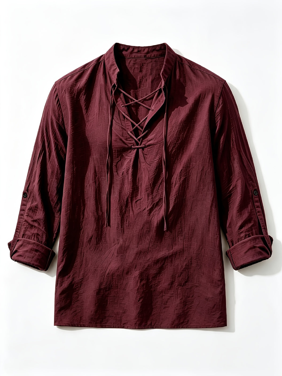 [Know And Give OBM] Men'S Solid Color Stand-Collar Linen Long Sleeve Shirt, Semi-Open Front Design, Roll-Up Sleeve Style | Casual Commute, Short Vacation, Leisure Gatherings | Men'S Versatile Top - Burgundy