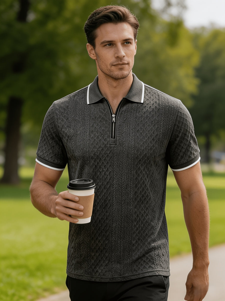 Men'S Quarter-Zip Knit Polo Shirt, Textured Diamond Jacquard Short Sleeve Top, Summer Golf Casual Office Street Wear - Dark Gray