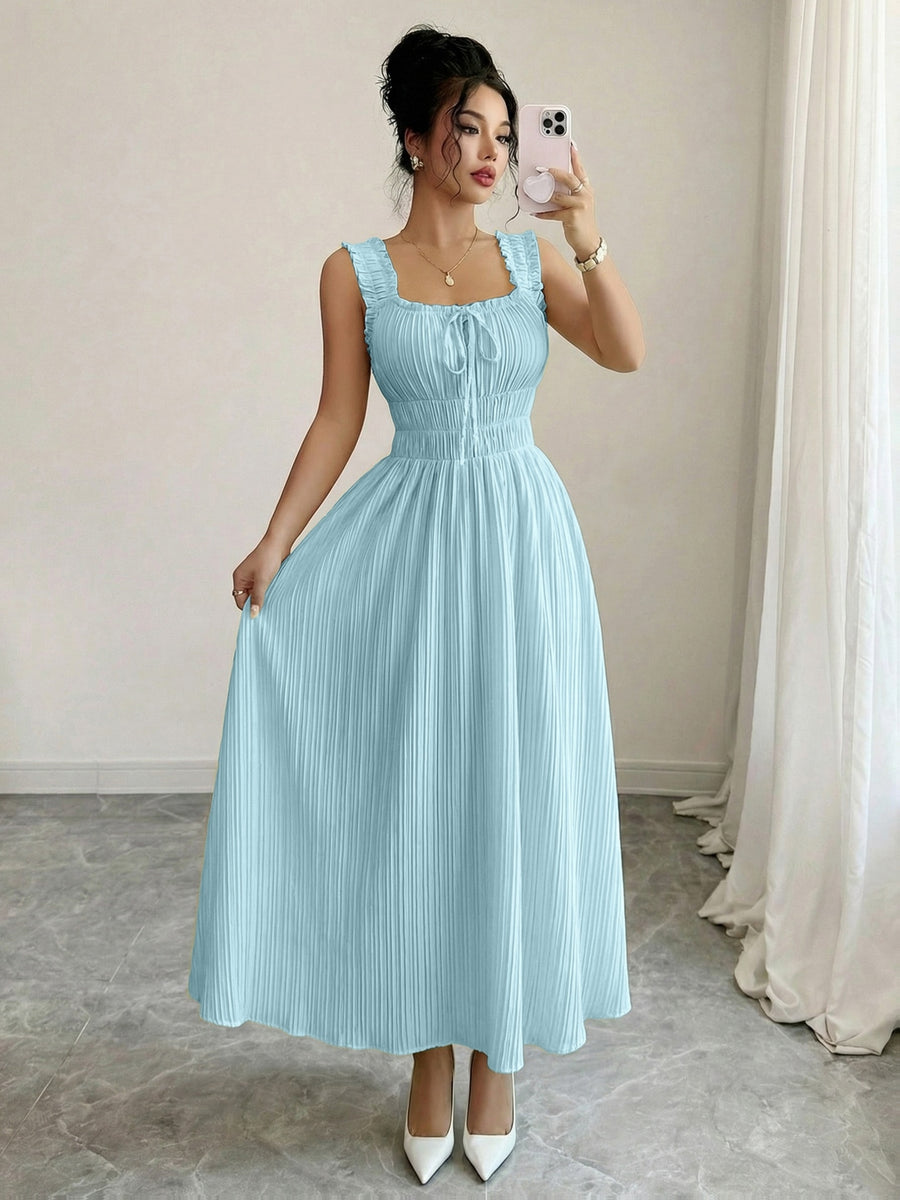 Women'S Spring Summer New Temperament Elegant Solid Texture Fabric Square Neck Tie-Belt A-Line Dress - Sky Blue