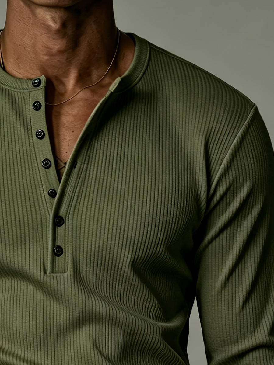 [Josh Mei OBM] French Retro Men'S White Long Sleeve Henley Shirt, Knit Inner Layer Outer Wear Base Layer, Elegant Open Cardigan Round Neck Design, Temperament Casual Top - Olive Green
