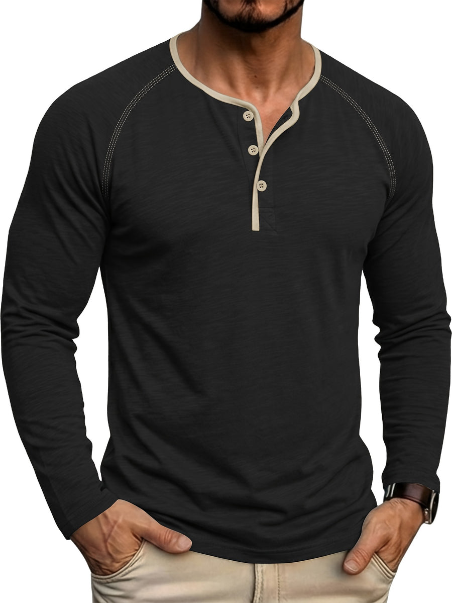 Autumn/Winter Cross-Border Men's Long Sleeve Crew Neck Henley Shirt, European and American Style Men's Pullover Base Layer T-Shirt - Black