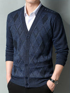 Men'S Winter Sweater, Winter Coat, Fleece-Lined And Thickened V-Neck, Fully Buttoned Cardigan, Easy Outfit, Men'S Gift, Suitable for Outdoor Travel, Mountaineering, Daily Outings, Commuting And Office Wear, Etc, Autumn Essentials - Navy Color