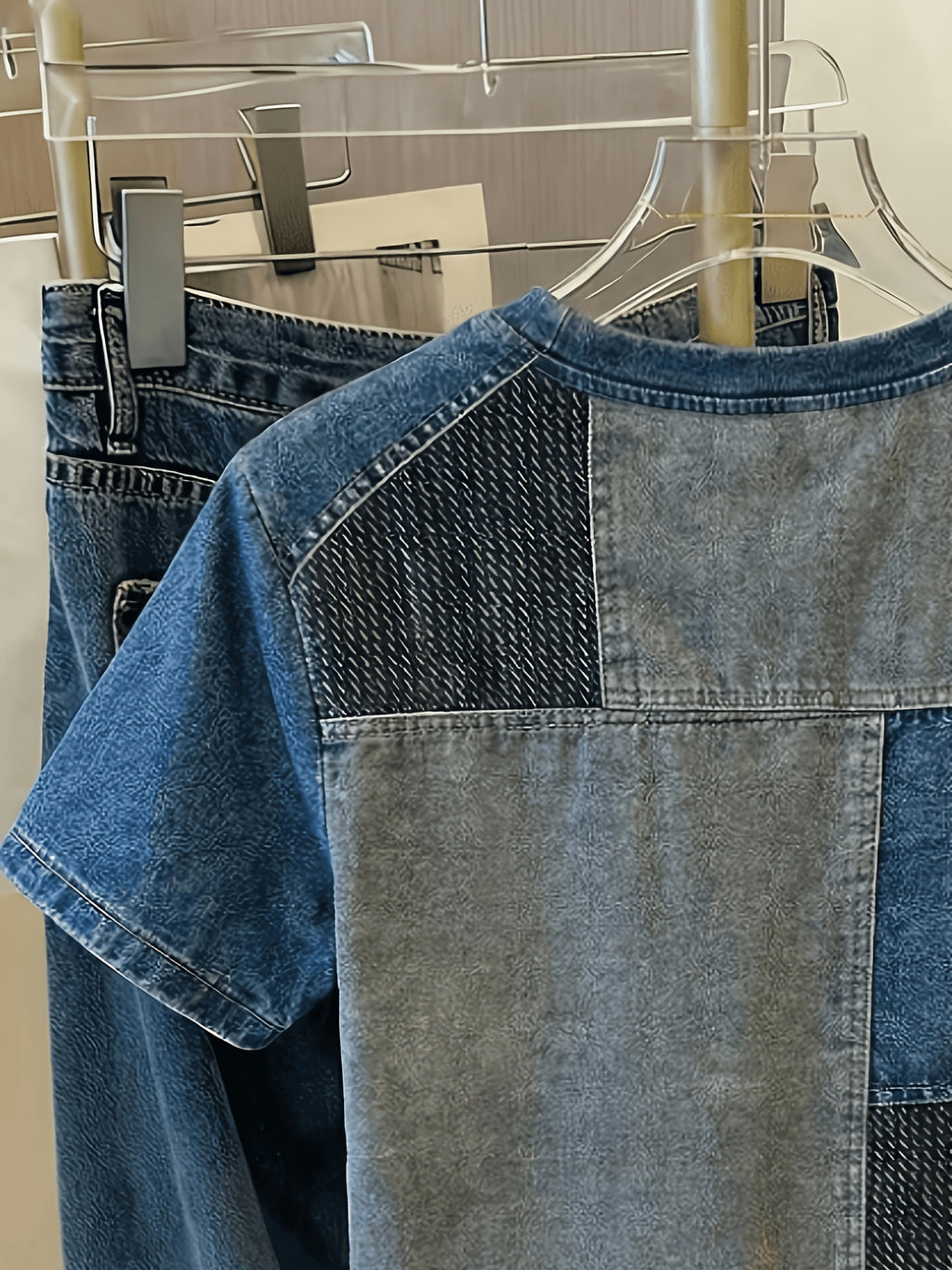 [Printed Pants - Not Faux Denim Fabric]Retro Distressed Faux Denim Patchwork Printed T-Shirt, Women'S Casual Short Sleeve Crew Neck Top, Street Style Design, Suitable for Daily Casual And Vacation Wear (Digital Print - Not Faux Denim) - Mixed colors