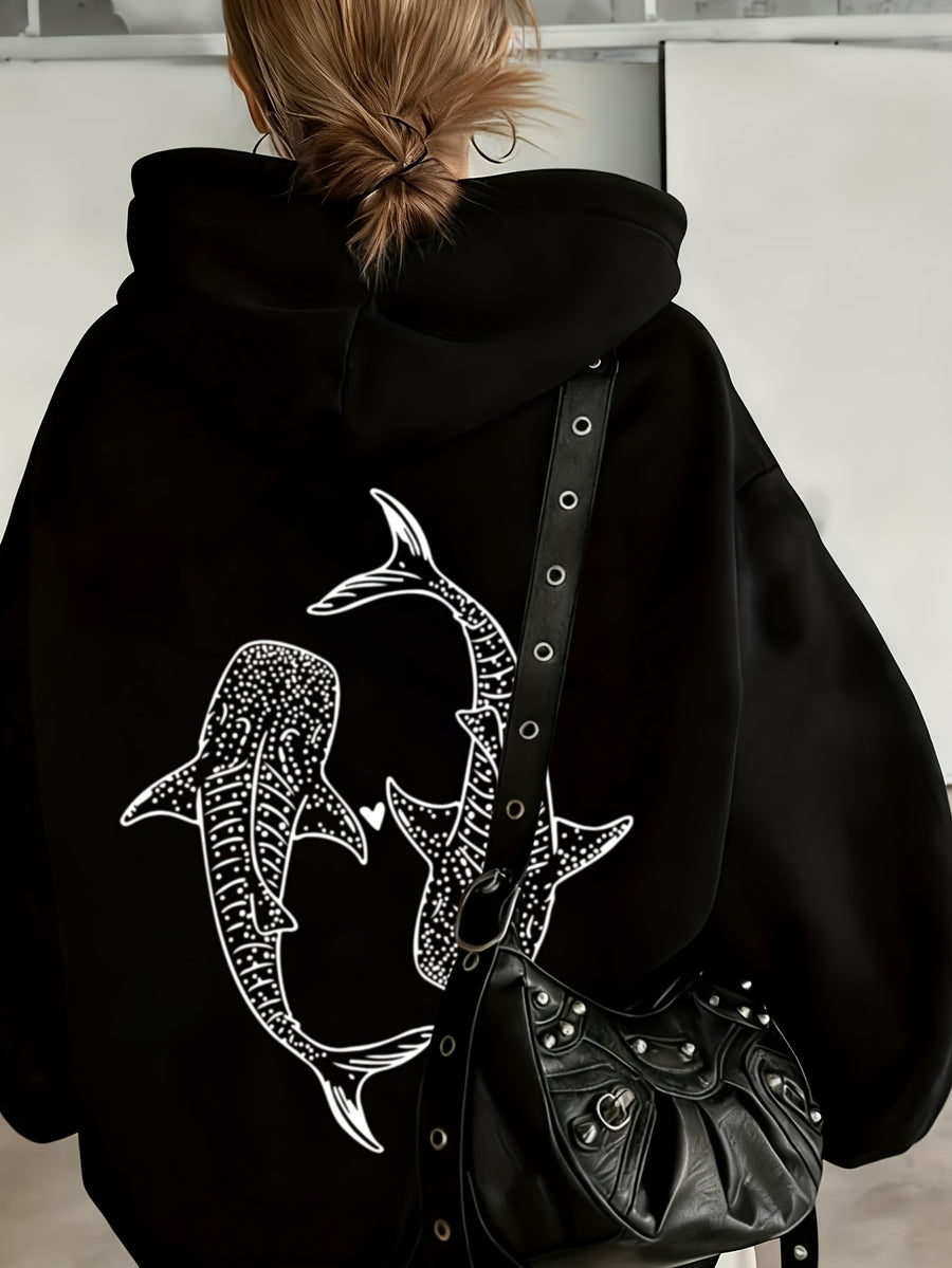 European and American Vintage Minimalist Artistic Style Top, Whale Shark Print Pattern Hooded 1pc Women's Sweatshirt, Loose Autumn/Winter Pullover Top, Relaxed Oversized Fit, Street Hip-Hop Style, with Kangaroo Pocket, No Drawstring - Black 1