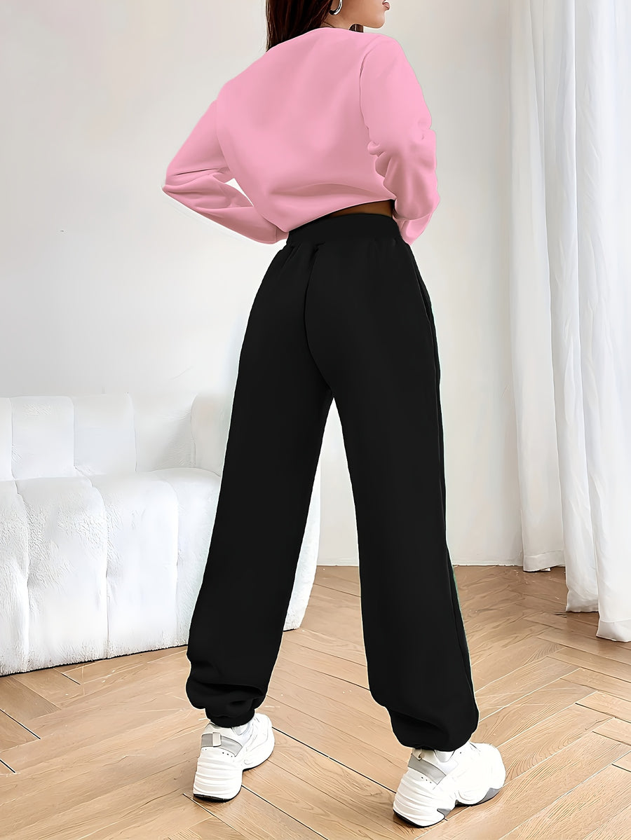 Women's Casual Tracksuit Set, Fashionable Paris Letter Print Long Sleeve Sweatshirt & Joggers Pants Outfit - Pink Color