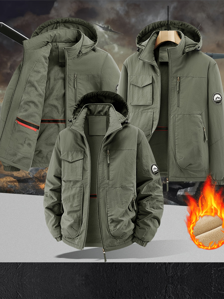 Fleece-Lined Cargo Jacket, Detachable Hood, Multi-Pocket Outerwear, Men'S Outdoor Hiking Commuter, Loose Thickened Plush Lining, Detachable Arm Badge Windproof Warm Functional Jacket - Olive Green