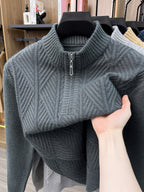 Men's Half-Zip Stand Collar Sweater with Zippered Panel & Striped Jacquard Knit - Warm Winter Pullover, Stretchable Stand Collar Suitable for Casual Office Wear, Layering Top, Hand Washable Regular Fit Blazer Compatible - Blue Grey