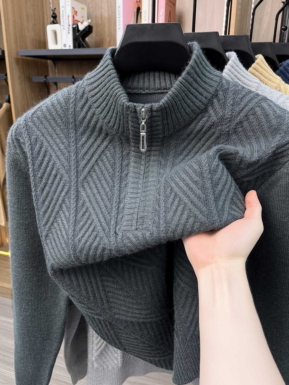 Men's Half-Zip Stand Collar Sweater with Zippered Panel & Striped Jacquard Knit - Warm Winter Pullover, Stretchable Stand Collar Suitable for Casual Office Wear, Layering Top, Hand Washable Regular Fit Blazer Compatible - Blue Grey