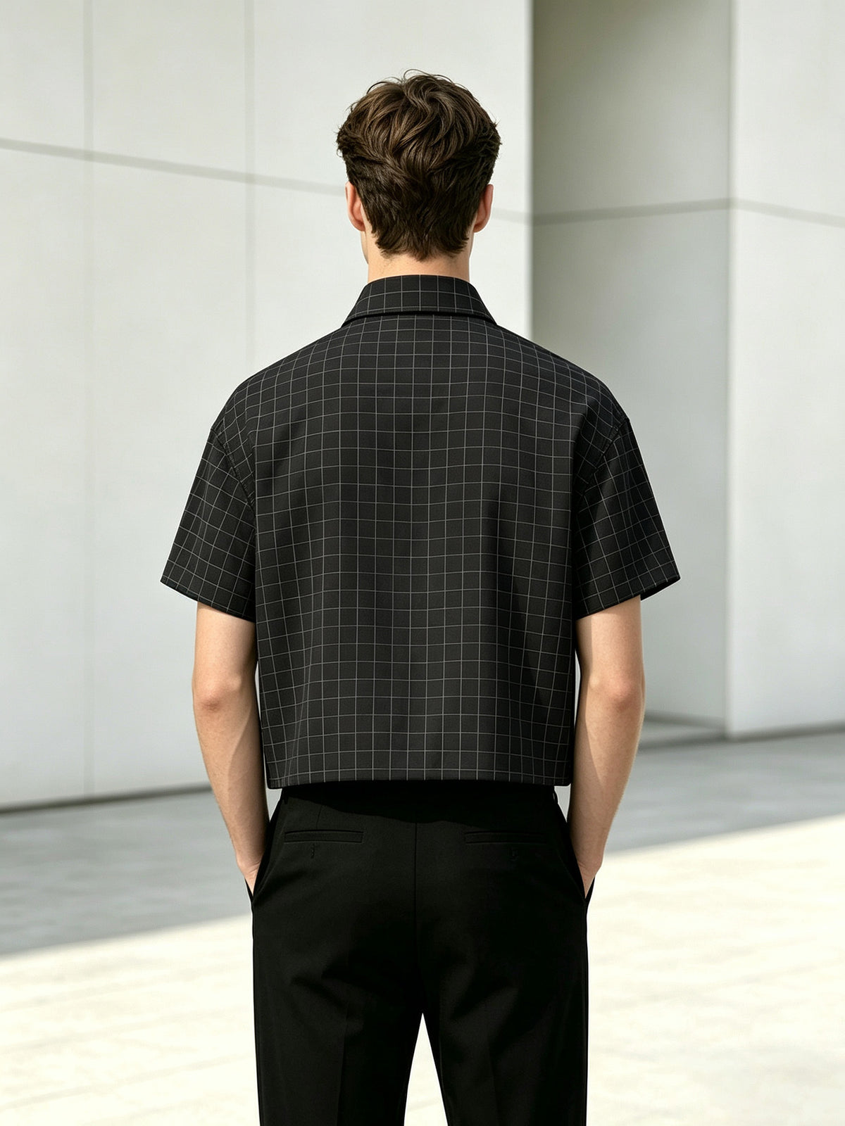 Men'S Summer Plaid Short-Sleeve Cropped Shirt, Easy Line Print Lapel Shirt, Casual All-Match Short Top - Black