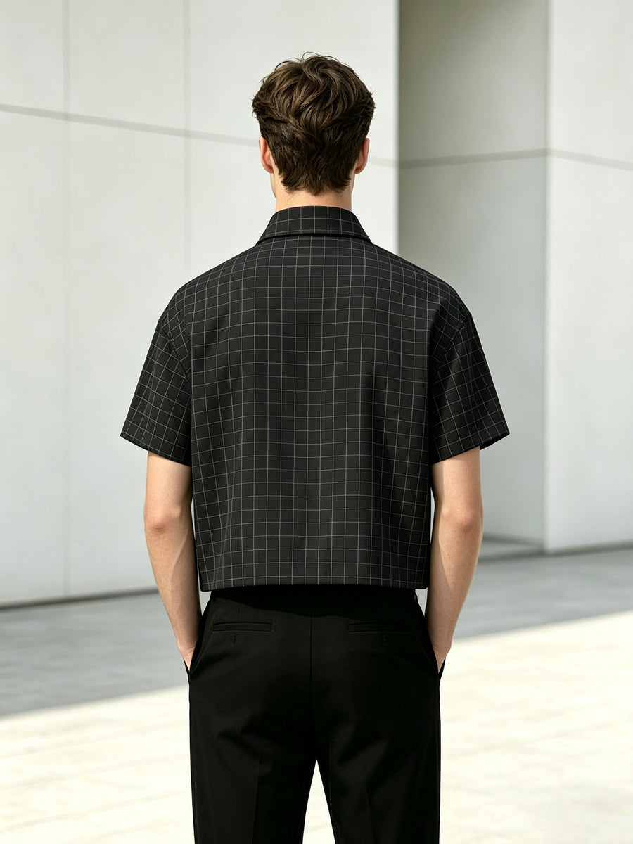 Men'S Summer Plaid Short-Sleeve Cropped Shirt, Easy Line Print Lapel Shirt, Casual All-Match Short Top - Black
