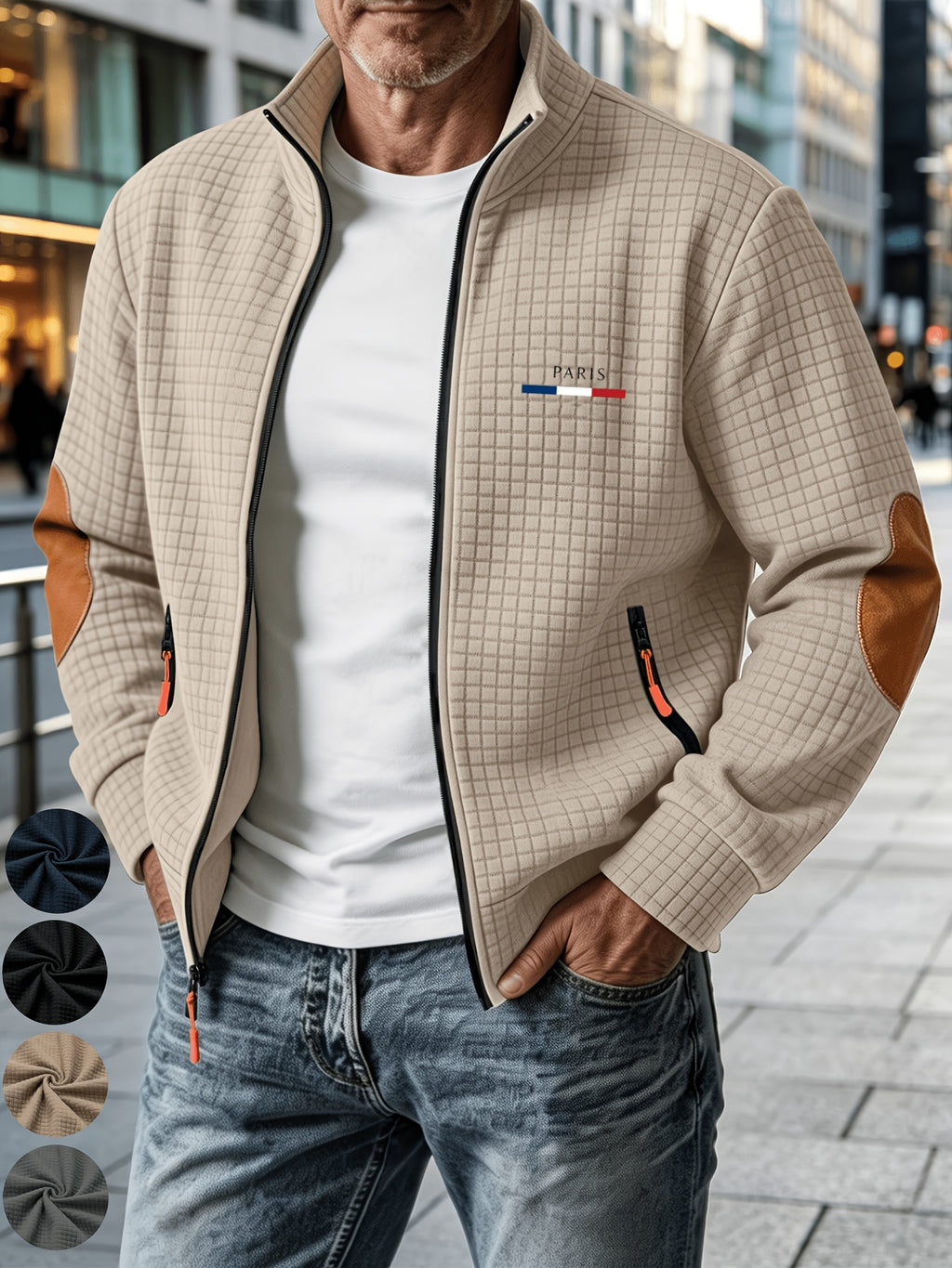 [Pearson OBM] Men'S Autumn Winter Sports Short Collar Jacket, Classic Print Design, Zippered Pockets Fashionable Small Plaid Textured Fabric, Elbow Classic Color-Block Casual Coat, Spring Autumn Versatile Zippered Cardigan Top, Suitable for Gifting - Khaki
