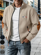 [Pearson OBM] Men'S Autumn Winter Sports Short Collar Jacket, Classic Print Design, Zippered Pockets Fashionable Small Plaid Textured Fabric, Elbow Classic Color-Block Casual Coat, Spring Autumn Versatile Zippered Cardigan Top, Suitable for Gifting - Khaki