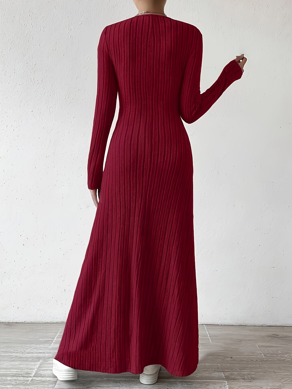 Women's Elegant V-Neck Long Sleeve A-Line Dress - Solid Color Machine Washable Fall Dress with Flattering Silhouette, Versatile for Casual & Formal Occasions, Long Sleeve Maxi Dress, Comfortable Fit - Burgundy