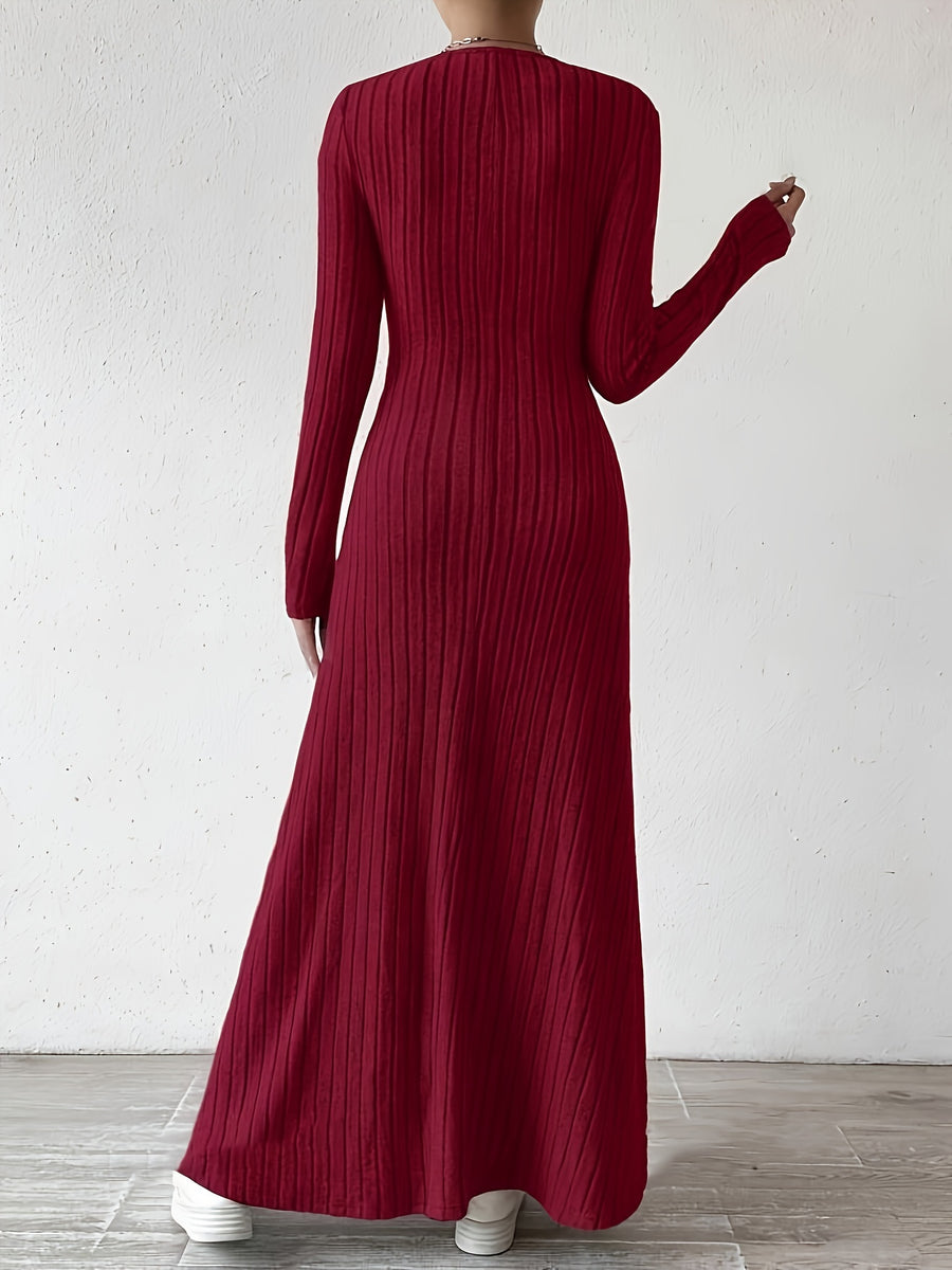Women's Elegant V-Neck Long Sleeve A-Line Dress - Solid Color Machine Washable Fall Dress with Flattering Silhouette, Versatile for Casual & Formal Occasions, Long Sleeve Maxi Dress, Comfortable Fit - Burgundy