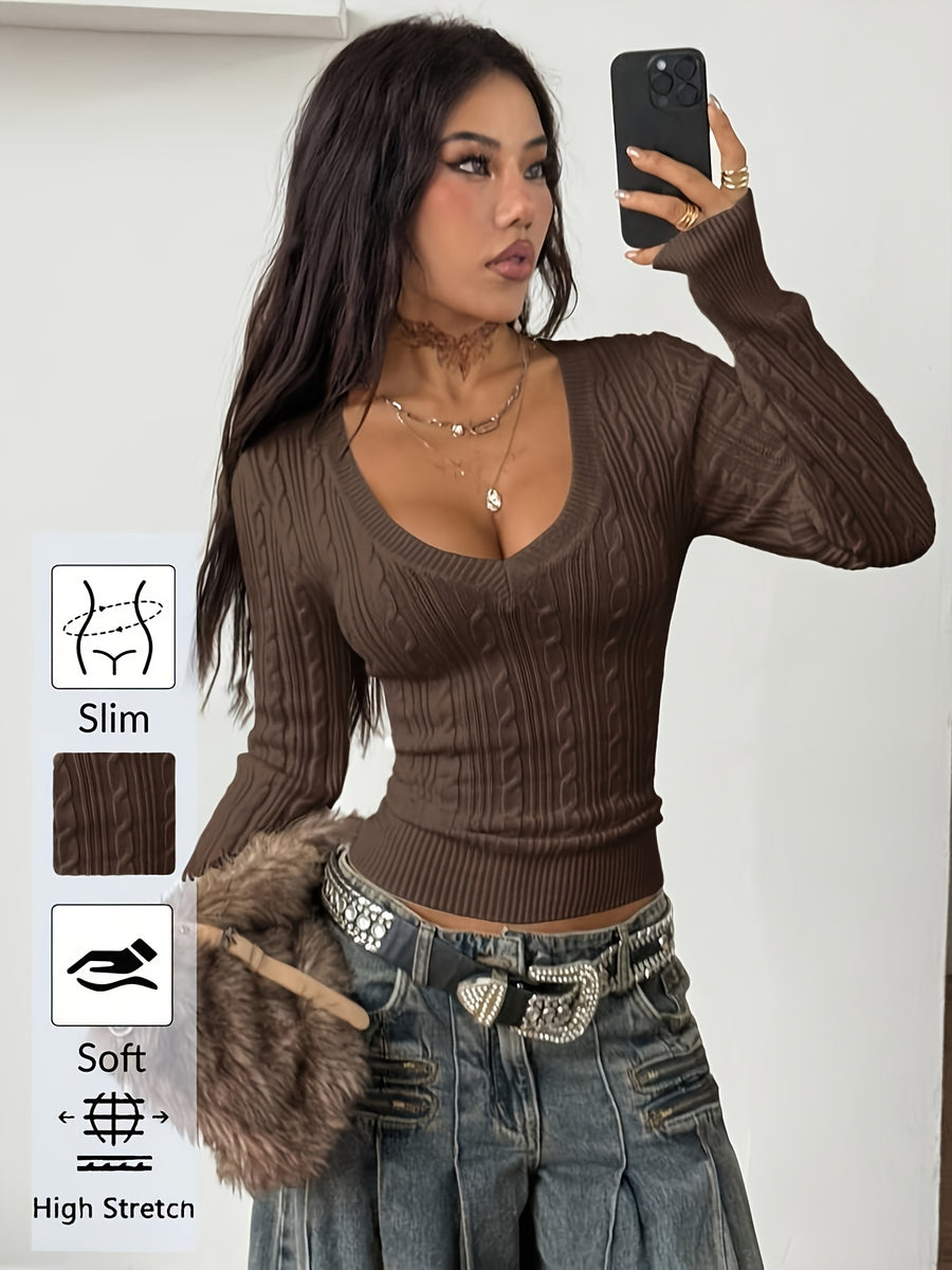 Women'S Spring/Summer Elegant Casual Ribbed V-Neck Long-Sleeved Slim Top - Coffee Color