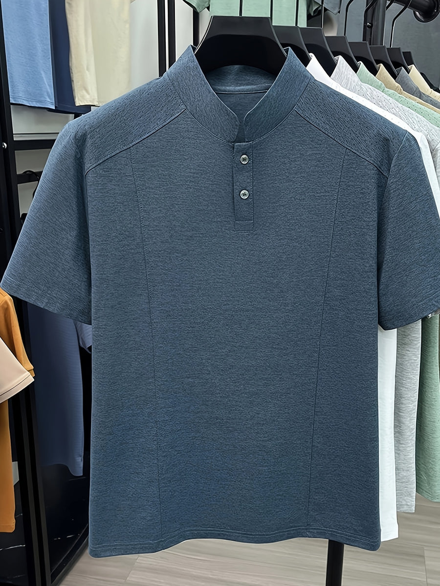 Men's Summer Short-Sleeve Stand Collar T-Shirt - Breathable Small Base Layer Shirt, Solid Color Business Casual Top Suitable for Daily Work Wear, Machine Washable & Dry Cleanable, Asymmetrical Hem - Cyan
