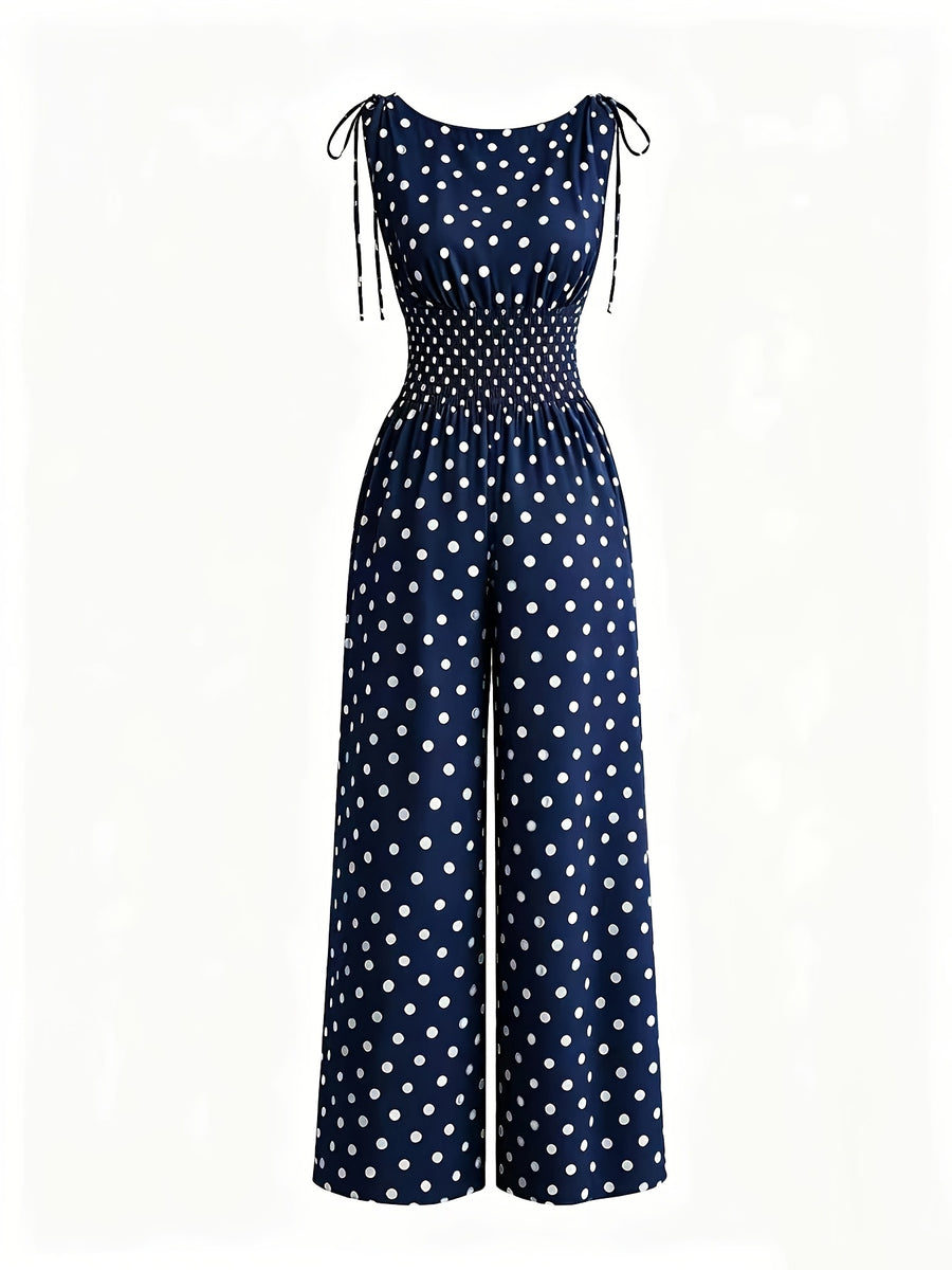Women'S New Retro Polka Dot Print Jumpsuit, Shoulder Bow Tie Detail, Round Neck Sleeveless Back Slit Button Design, Elastic Ruched Waist, Summer Casual Beach Vacation Outfit, Elegant Commute, Date Outing Daily Wear Long Length Wide Leg Trousers - Navy Color