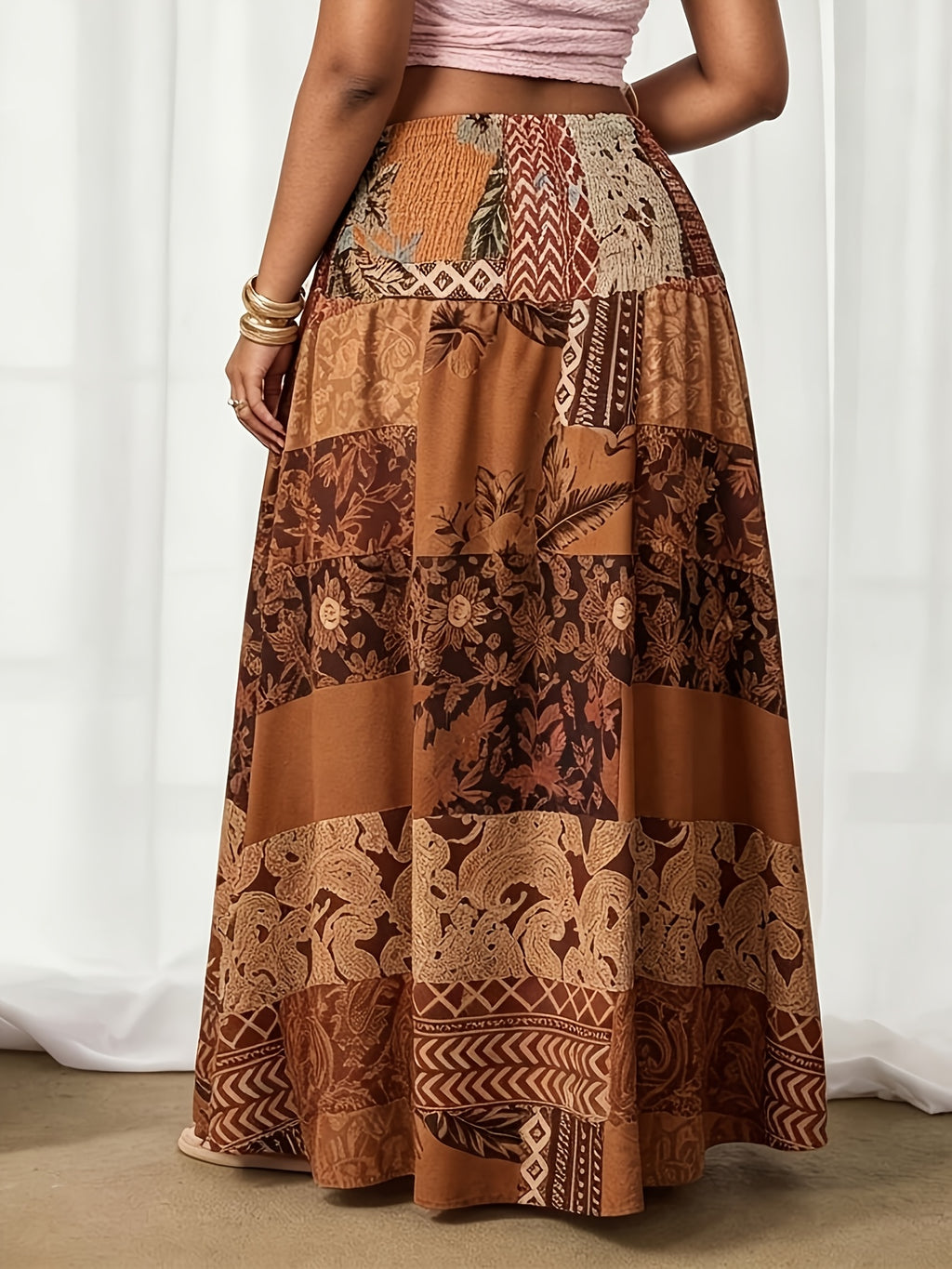 2026 New Spring/Autumn Women'S Bohemian Digital Print High-Waist Loose Maxi Skirt, High-Waist Design with Shirred Waist, Loose And Flowing, Comfortable Casual, Fashionable Women'S Digital Print Midi Skirt, Beach Vacation And Holiday Wear - Brown