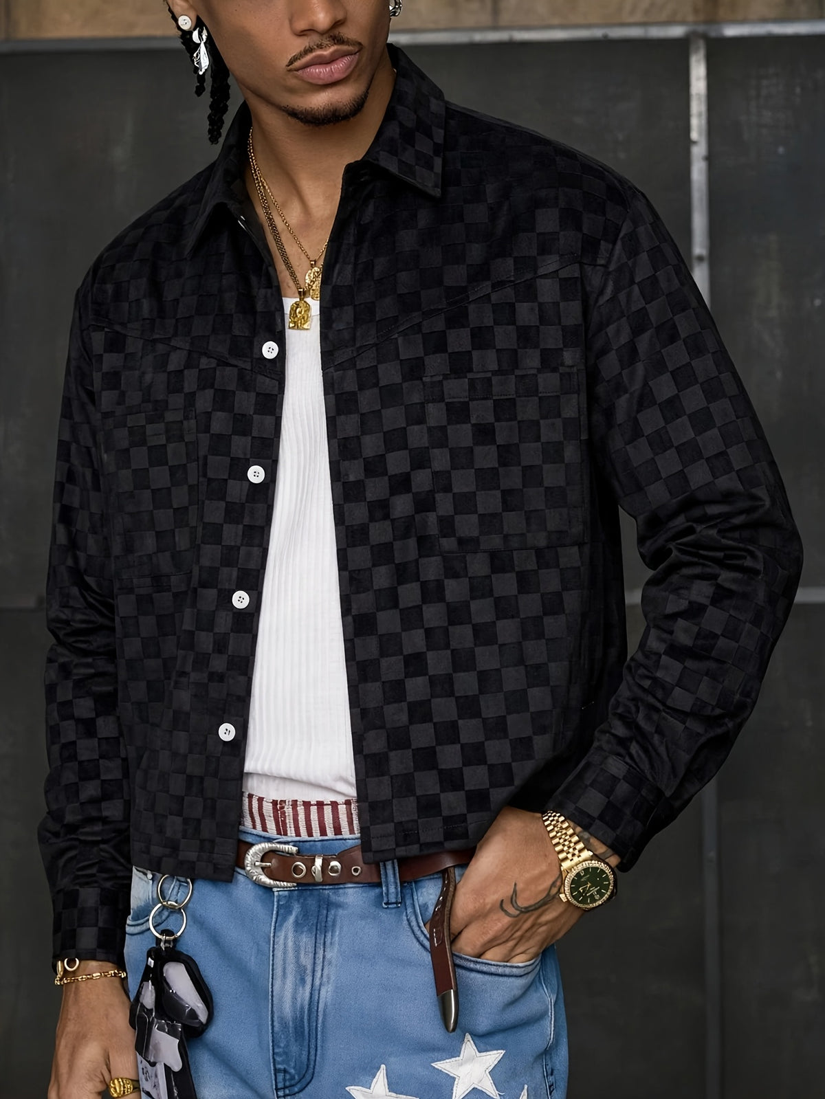 Men'S Black Checkered Jacquard Long Sleeve Shirt, Lapel Button-Up with Pocket, Fashionable Men'S Long Sleeve Shirt, Casual Street Style Outfit - Black