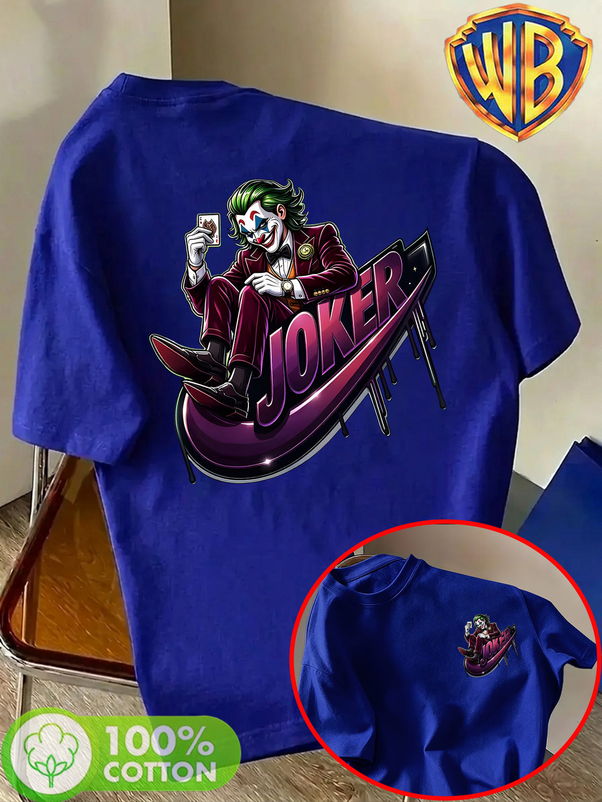Warner Bros. Official Unisex Summer Loose-Fit Crew Neck Short-Sleeve T-Shirt, Suitable for Daily Commutes, Street Outings, City Trips, and Friend Gatherings. Features a Large Burgundy Suit-wearing Joker Sitting on Purple Graffiti Sneakers - Royal Blue