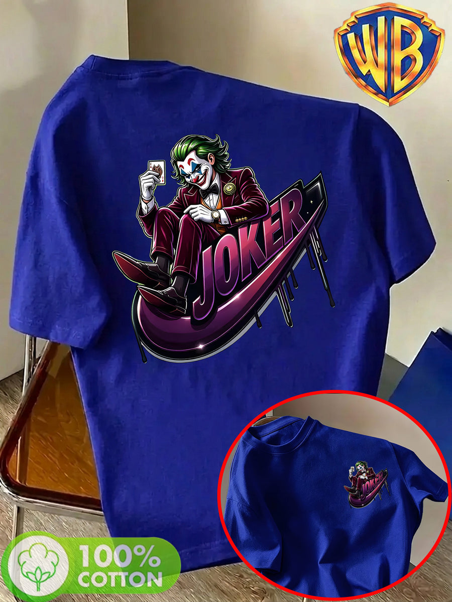 Warner Bros. Official Unisex Summer Loose-Fit Crew Neck Short-Sleeve T-Shirt, Suitable for Daily Commutes, Street Outings, City Trips, and Friend Gatherings. Features a Large Burgundy Suit-wearing Joker Sitting on Purple Graffiti Sneakers - Royal Blue