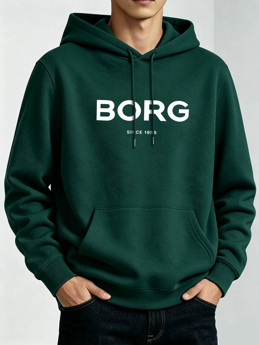Minimalist BORG Since 1896 Letter Hooded Sweatshirt, Men's Trendy Versatile Drop-Shoulder Long-Sleeve Pullover - Dark Green