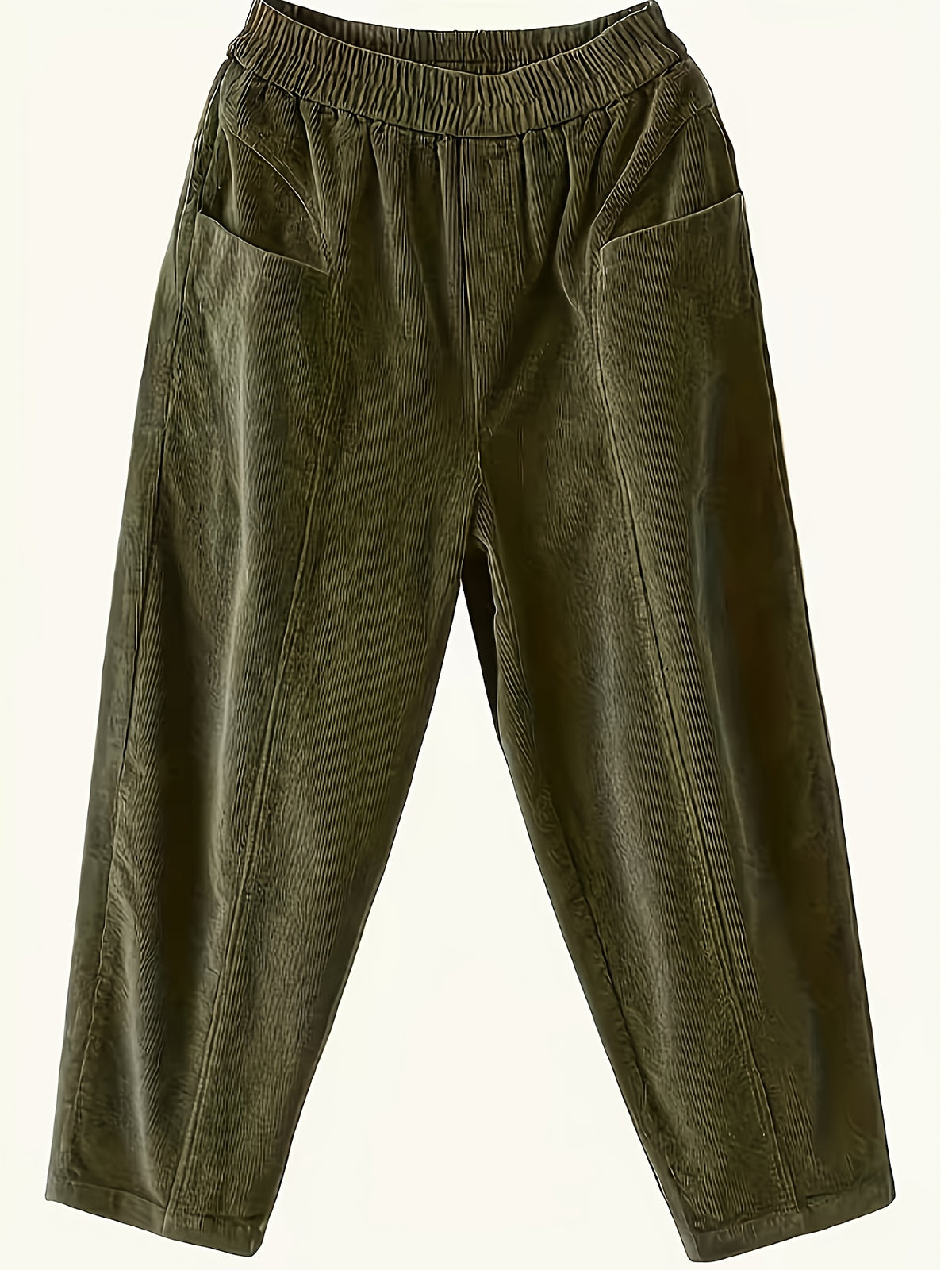 Plus Size - Plus Size - Women'S Elegant Wide-Leg Corduroy Harem Pants - Tapered Design with Pockets, All-Season Corduroy Trousers, Suitable for Casual And Formal Occasions - Olive Green
