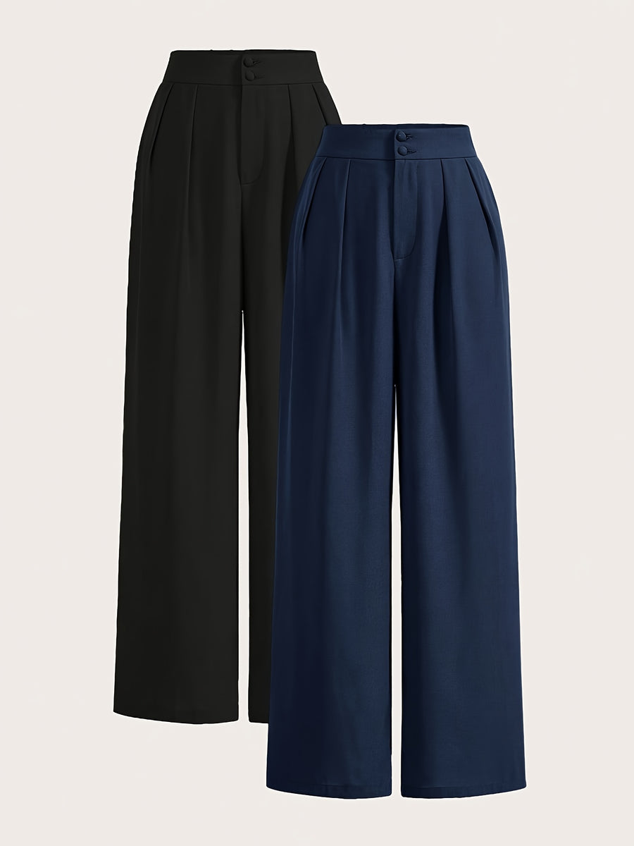 High-Waisted Wide-Leg Pants Two-Piece Set - Navy Blue+Black