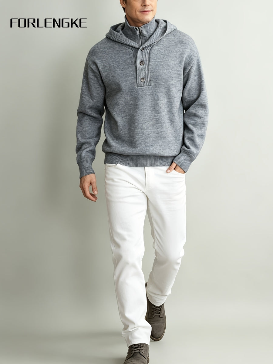FORLENGKE Men'S Urban Wandering Commuter Style Hooded Half-Zip Knit Sweater, Adjustable Hood with Buckle, Heavy Knit for Temperature Fluctuations, Comfortable for Long Sitting, Suitable for Commuting, Exhibitions, Cafes, Social Gatherings - Light Grey