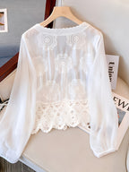 Women's Floral Lace Blouse - Elegant V-Neck Button-Up Shirt with Bell Sleeves, Machine Washable Women's Top for Wedding, Garden Party, Everyday - Boho Chic Blouse for Spring/Summer Outfits, Wedding Guest Outfit, Romantic Design, Intricate Embroidery - White