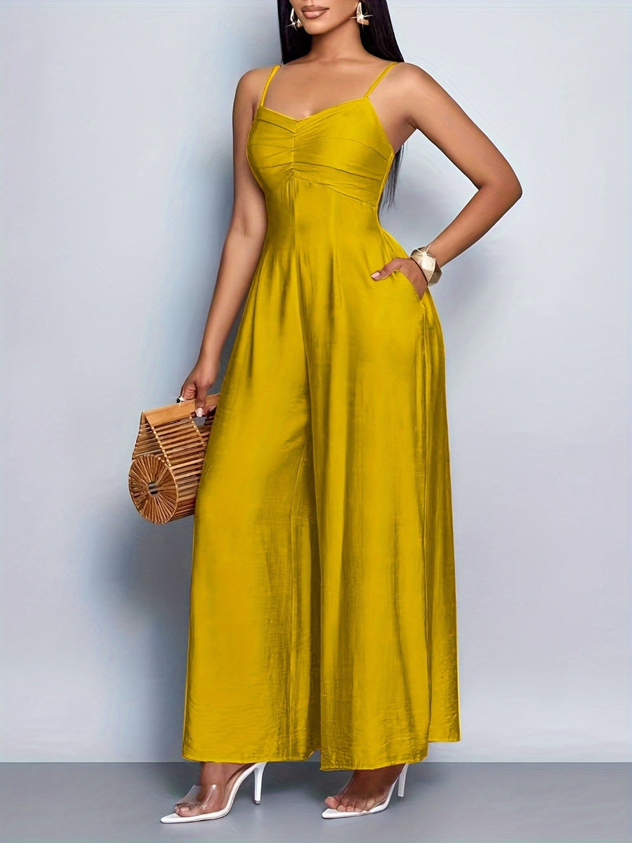 Women'S Draped Front Lace Up Backless Wide Leg Cami Jumpsuit | Elegant Solid Color, Sleeveless, Long Length, Suitable for Everyday Wear & Vacation - Yellow