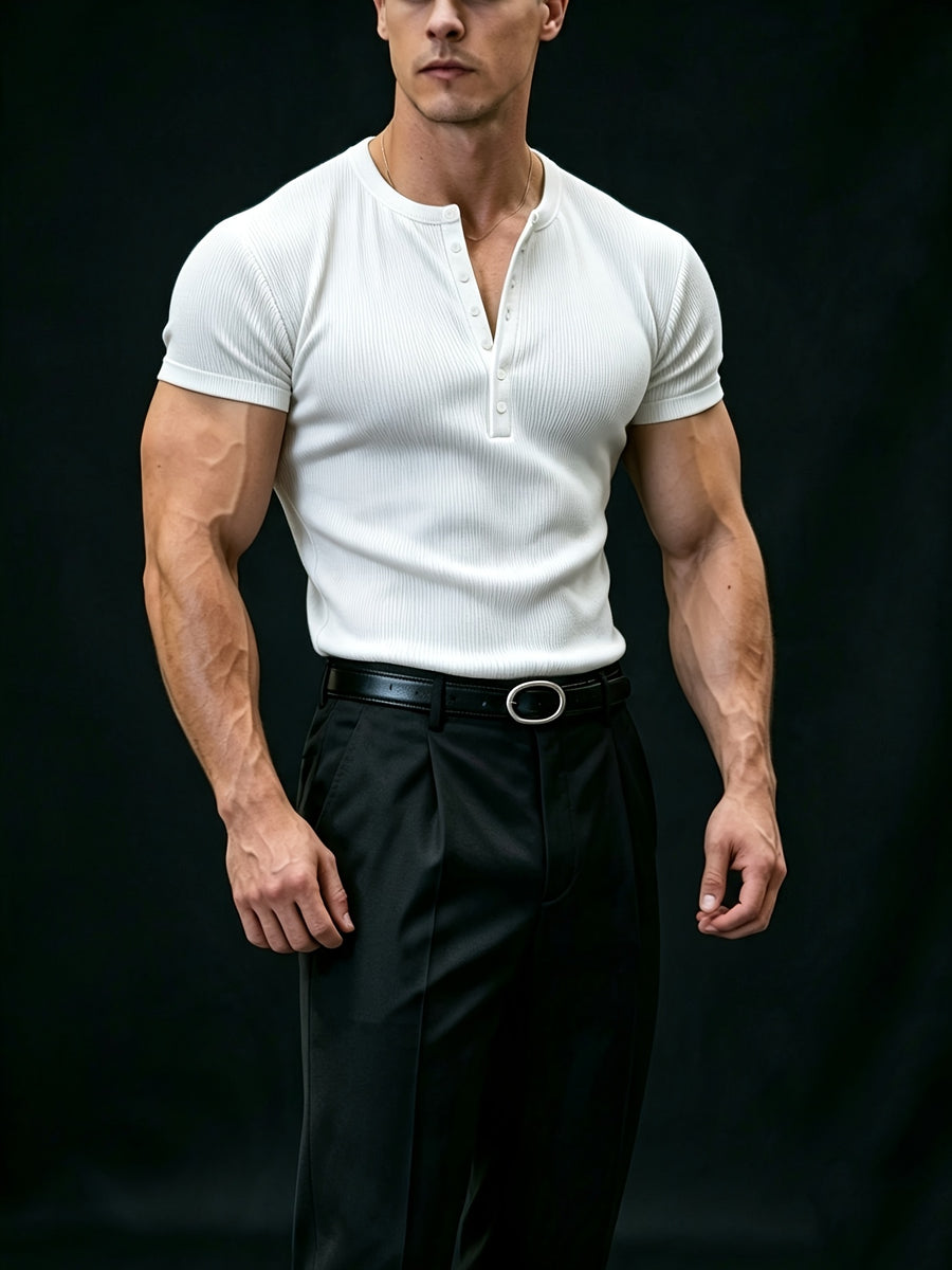American Vintage Henley Knit Short Sleeve Top, Men'S Slim Fit T-Shirt, Square Shoulder Cut Enhances Shoulder Lines, Vertical Striped Elastic Fabric Moisture-Wicking And Breathable, Suitable for Commuting Office, Fitness Training, Travel Vacation - White