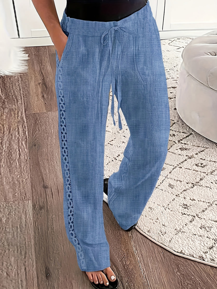 Women'S Solid Color Long Pants, Side Seam Lace Trim, Casual Wear, Loose Trousers - Sea Blue