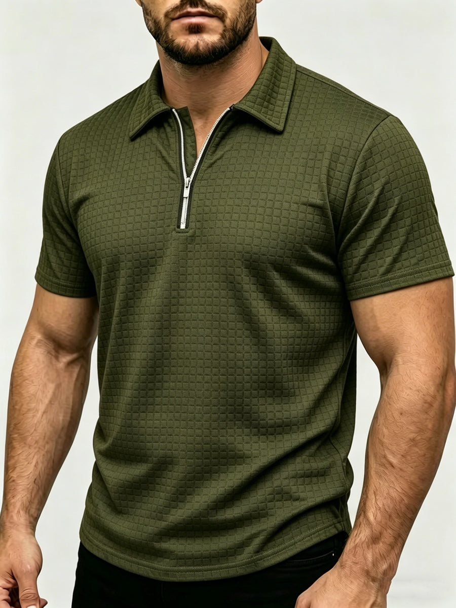Men's Waffle Knit Half-Zip Polo Shirt, Loose Fit Solid Color Versatile Short Sleeve - fern green