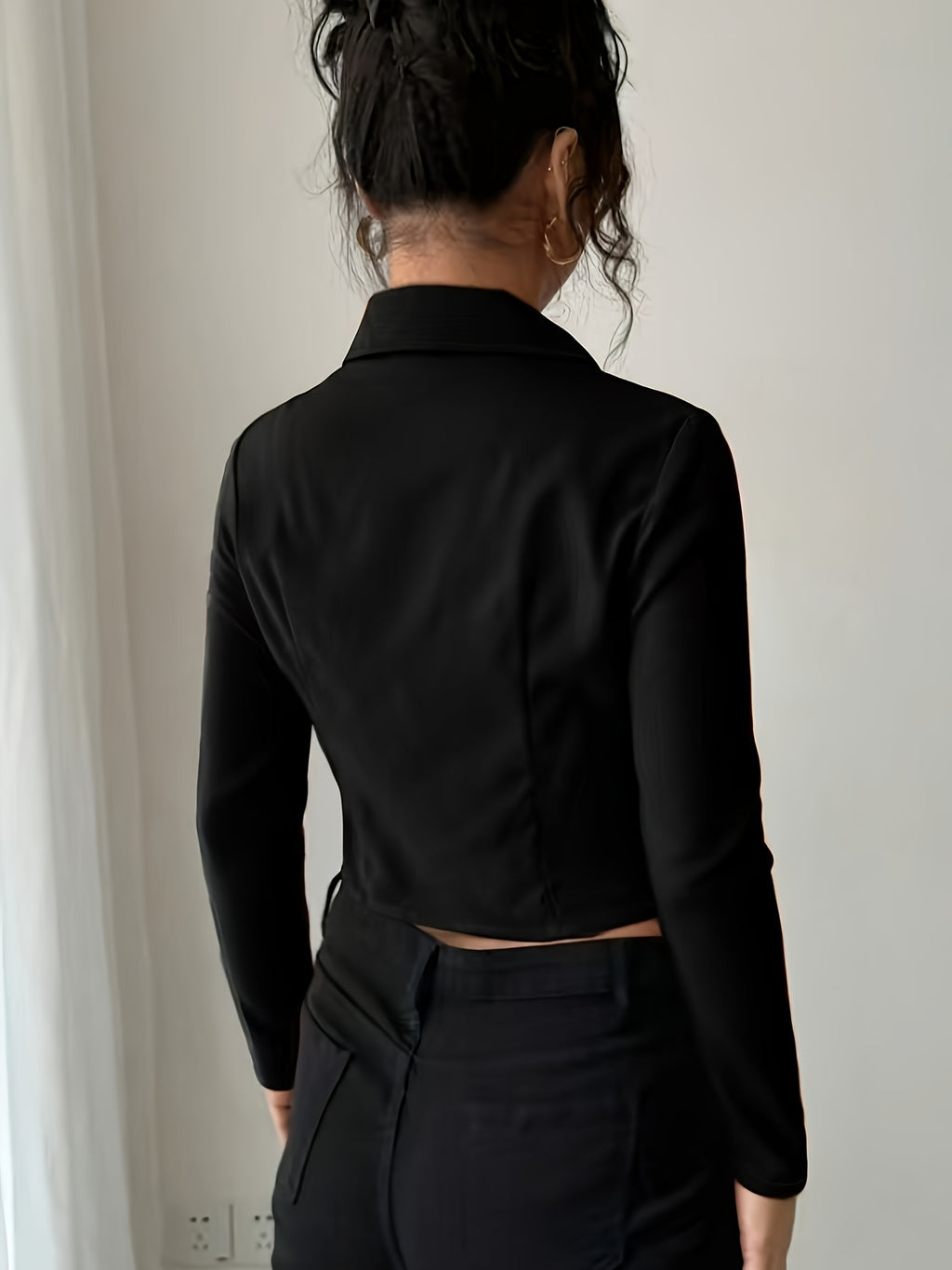 Women's Slim-Fit Lapel Zip Casual Solid Long Sleeve Shirt - Black