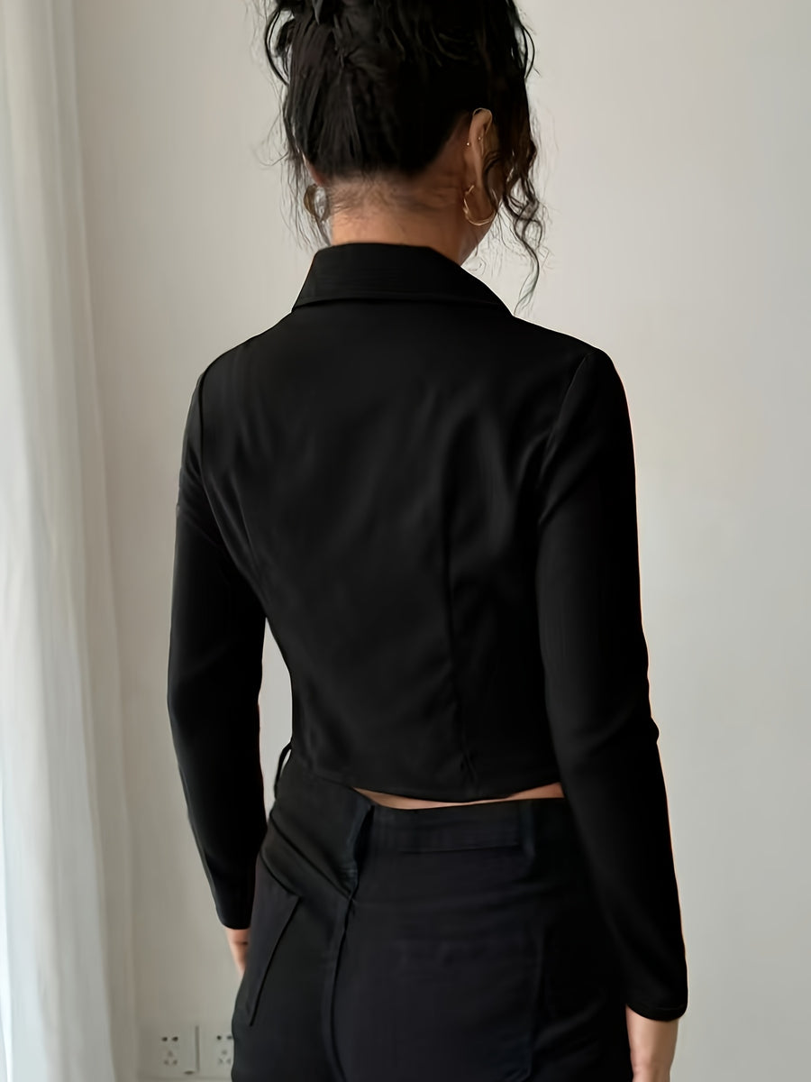 Women's Slim-Fit Lapel Zip Casual Solid Long Sleeve Shirt - Black