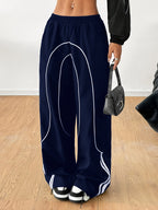 Women's Fashion Y2K Streetwear Wide-Leg Pants with Side Tie Design, Hip-Hop Joggers, Elastic Waist Wide-Leg Pants, Casual Swear, Harem Pants - Navy Color